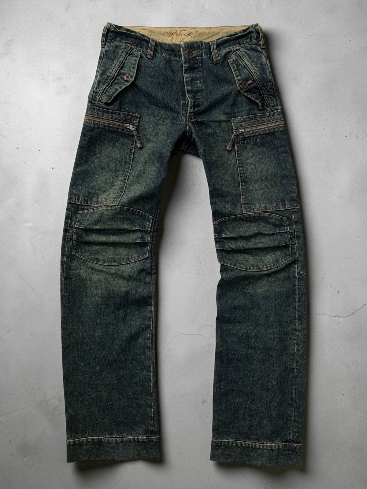 FCUK × French Connection 🔥 S/S 2010 FCUK BONDAGE FLARE DENIM CARGO PANTS LGB STYLE Size US 31 - 1 Thumbnail