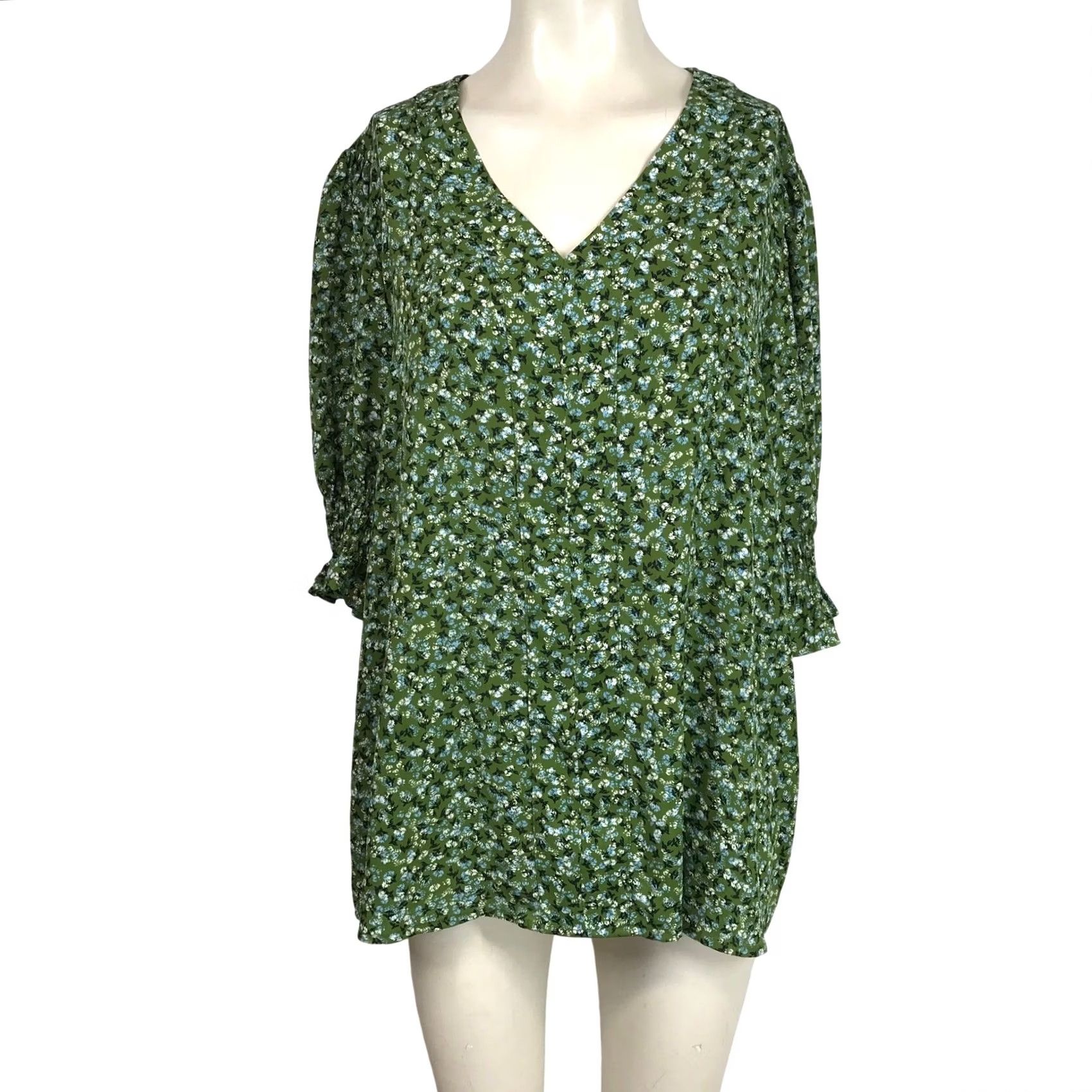 Jones New York Jones New York Plus Size 1X Green Floral Print V-Neck 3/4 Sleeve Dress Shirt Dress Womens Size XL / US 12-14 / IT 48-50 - 2 Thumbnail