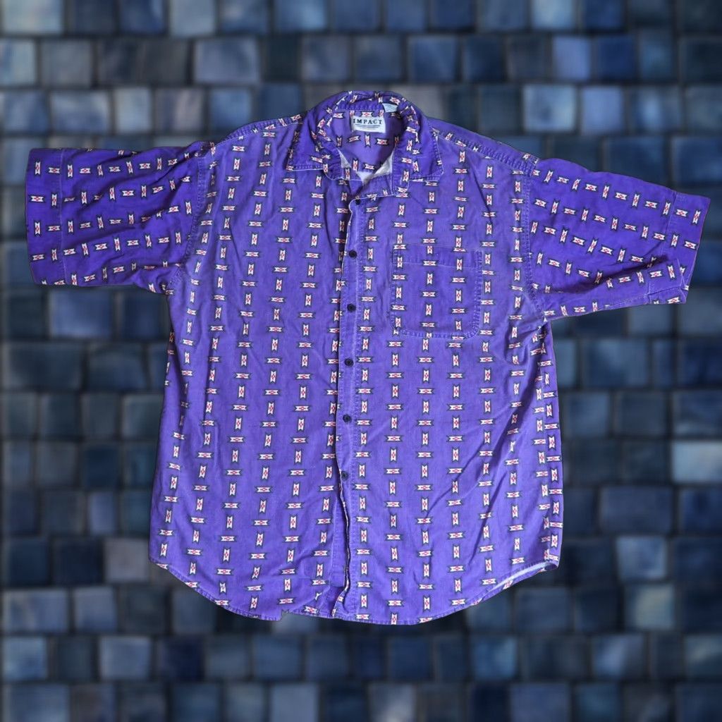 Vintage VINTAGE Impact Western Shirt L Purple 90s Cotton Short Sleeve Geometric Cockpit Pocket Mens Size US L / EU 52-54 / 3 - 1 Thumbnail
