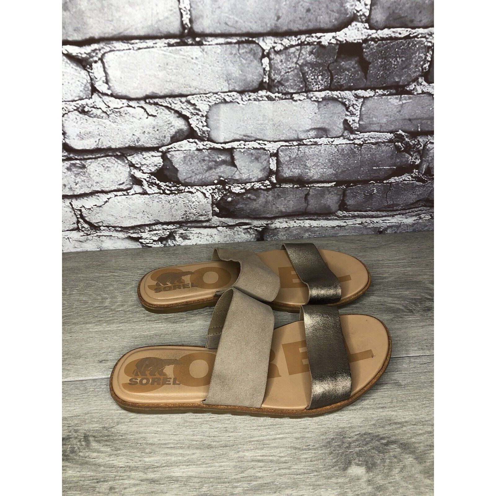 SOREL Sorel Taupe Suede Gold Leather Slides Sandals Women Sz 8.5M Size US 8.5 / IT 38.5 - 13 Thumbnail