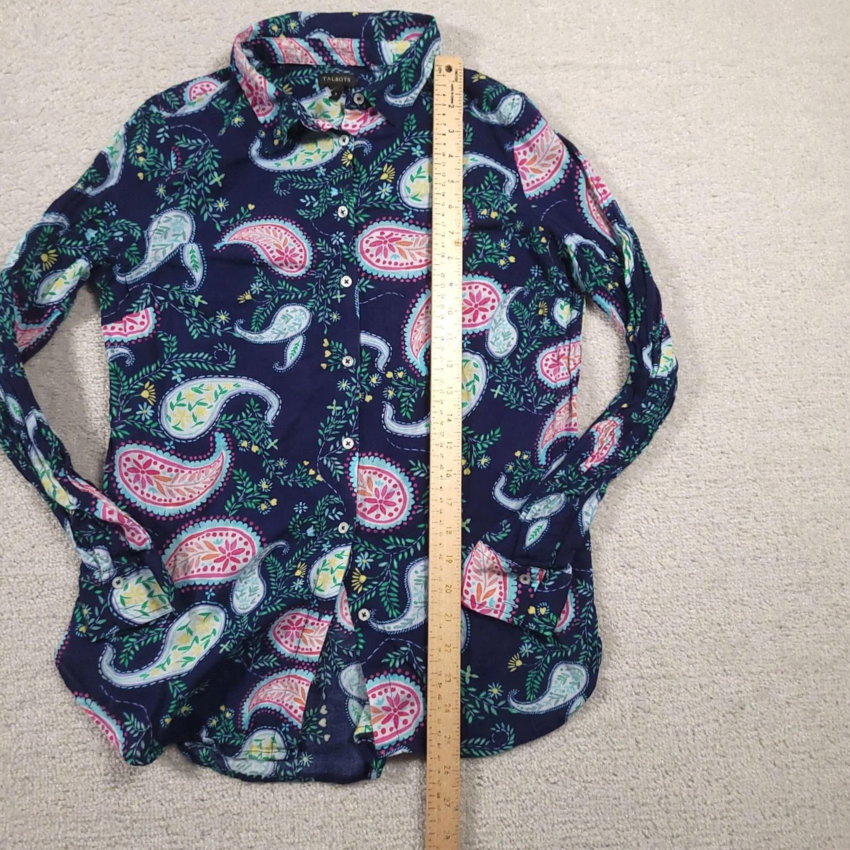 Talbots Talbots Shirt Womens Small Navy Paisley Button Front Long Sleeve Cotton Top Size S / US 4 / IT 40 - 6 Thumbnail