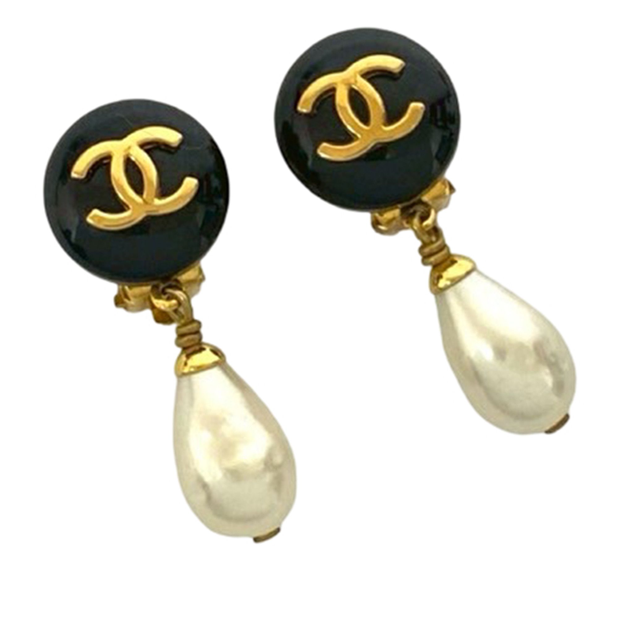 Chanel Chanel CC Gold Plated Resin and Faux Pearl Drop Clip On Earrings Size ONE SIZE - 1 Thumbnail