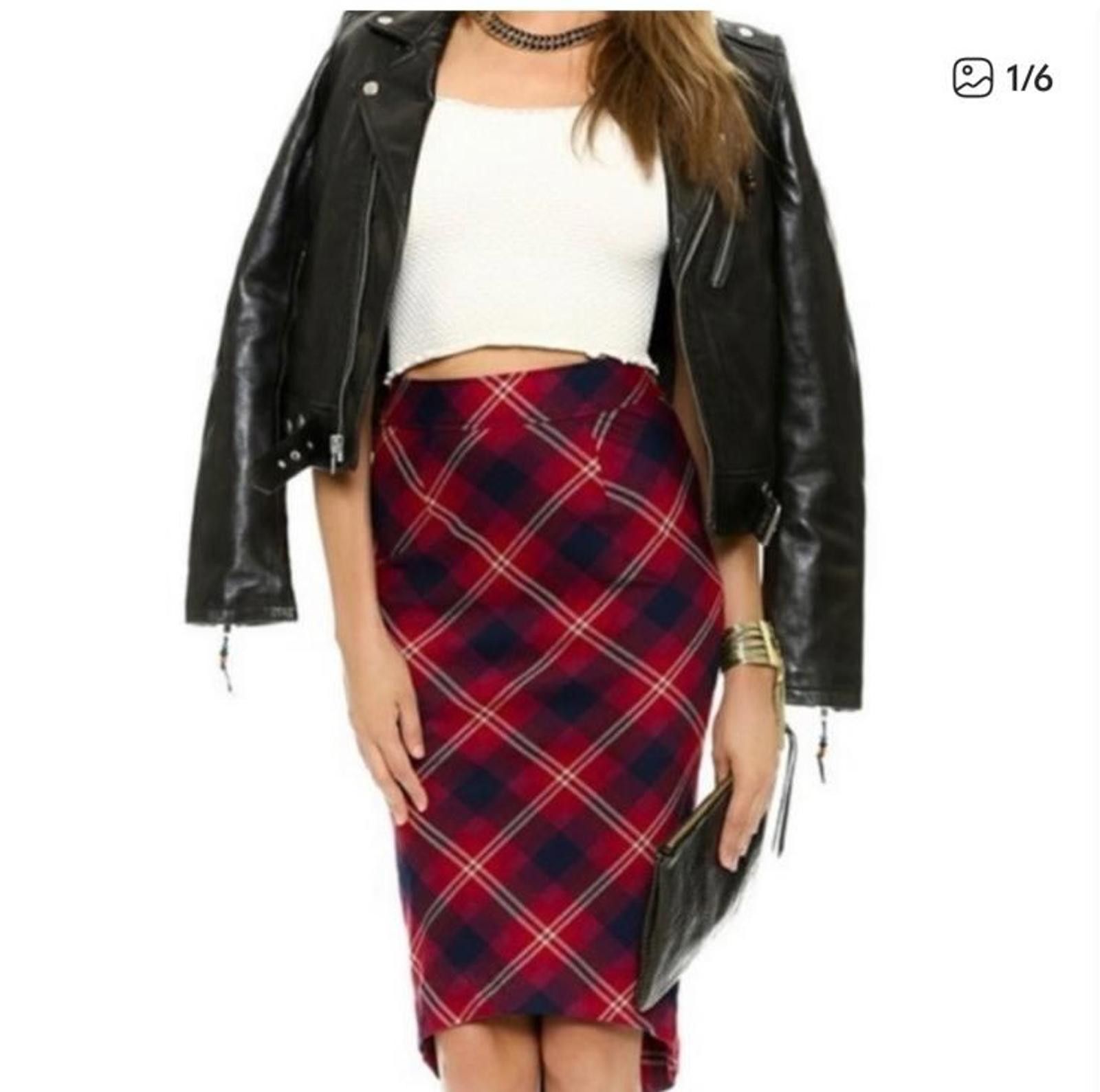 Free People NEW Free People Geometric Precision Red Plaid Pencil Skirt 8 Size 30" / US 8 / IT 44 - 1 Thumbnail