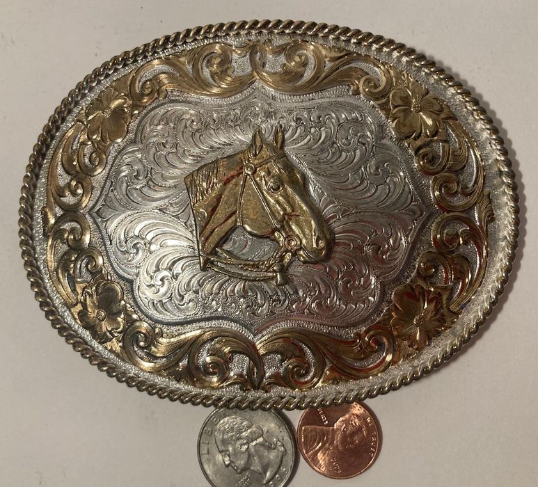 Vintage Metal Belt Buckle Silver and Brass Montana 