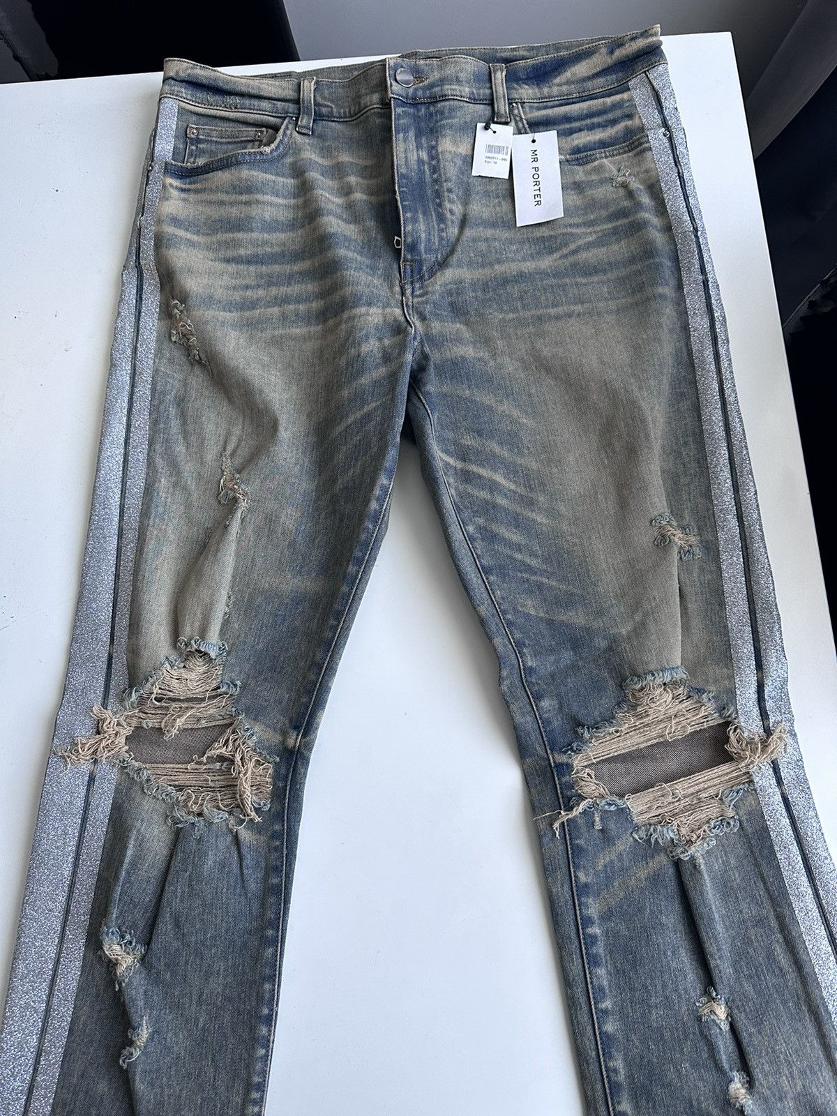 Amiri TRACK DISTRESSED GLITTERED STRETCH DENIM JEANS Size US 38 / EU 54 - 7 Thumbnail