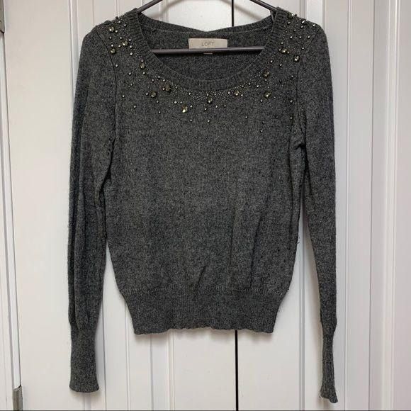 Loft Loft Grey Rhinestone Embellished Crewneck Sweater Small Size S / US 4 / IT 40 - 1 Thumbnail