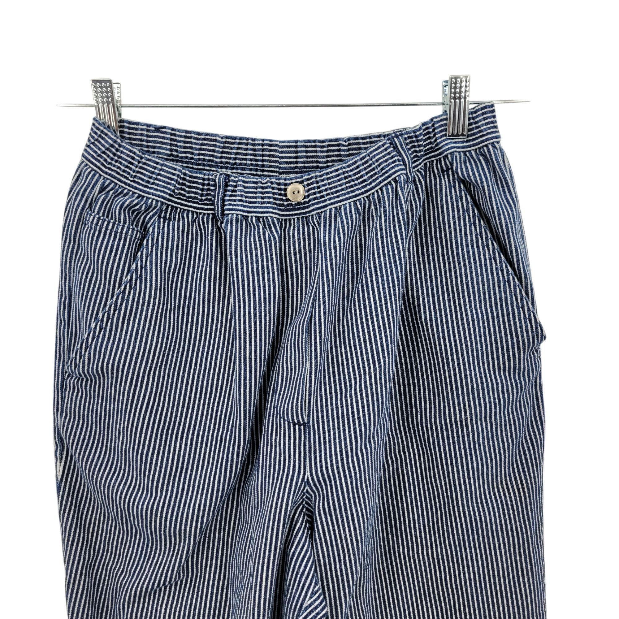 Vintage Vtg Petite Blue White Engineer Striped High Waisted Crop Pan Size 24" / US 00 / IT 34 - 4 Thumbnail