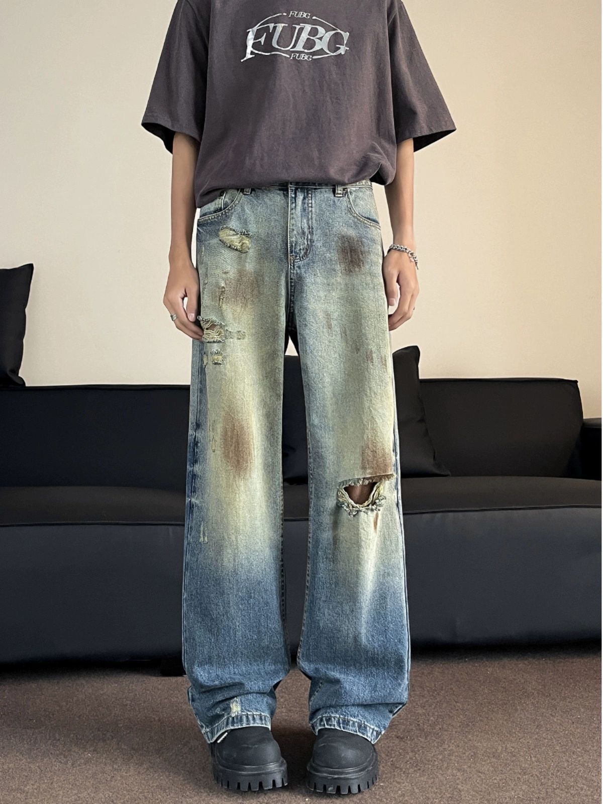 Japanese Brand Men's vintage tie-dye distressed washed loose ripped jeans Size US 32 / EU 48 - 1 Thumbnail