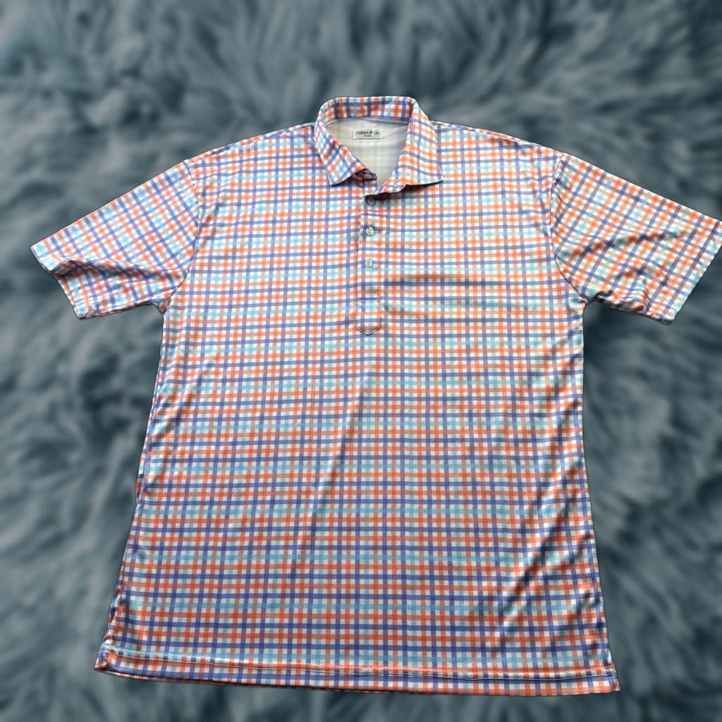CO Collars & Co Polo Shirt Mens 2XL Regular Short Sleeve Button Collared Gingham Plaid Multicolor Polyester Blend Size 48R - 1 Thumbnail
