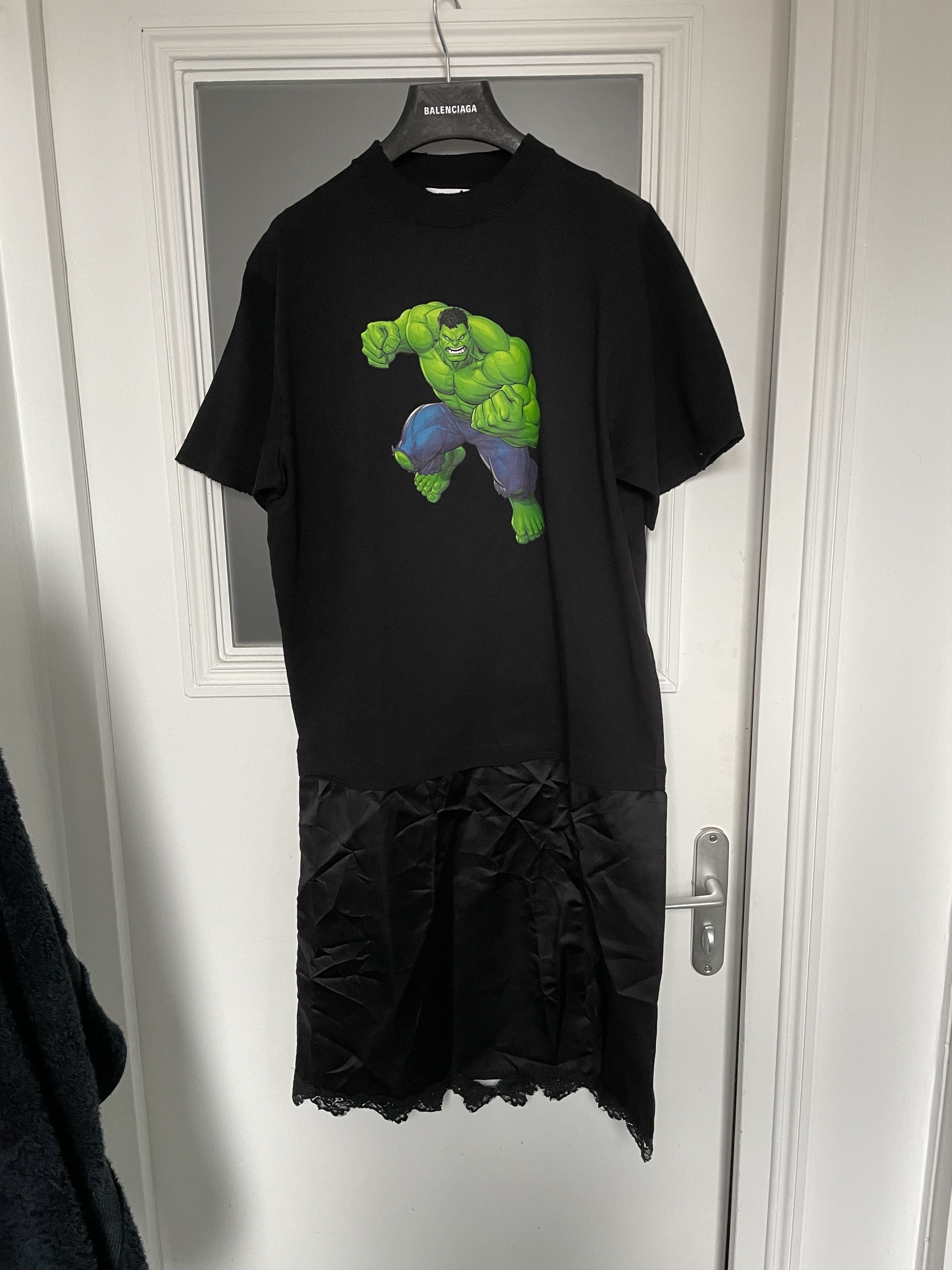 image of Balenciaga X Marvel Hulk T-Shirt Slip Dress in Black, Men's (Size Small)
