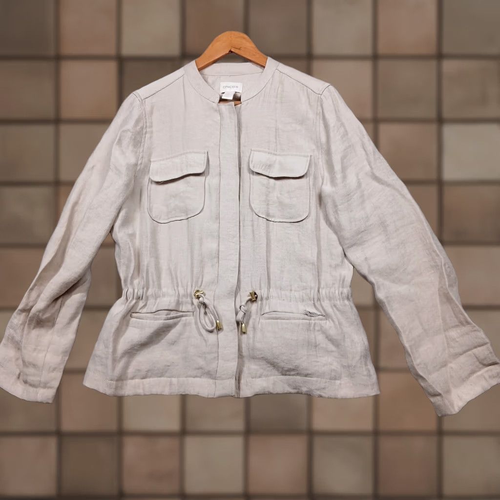Vintage Chico's Utility Jacket Women Beige Drawstring Waist Zip Front Jacket Coat Short Spring Fall Size XS / US 0-2 / IT 36-38 - 1 Thumbnail