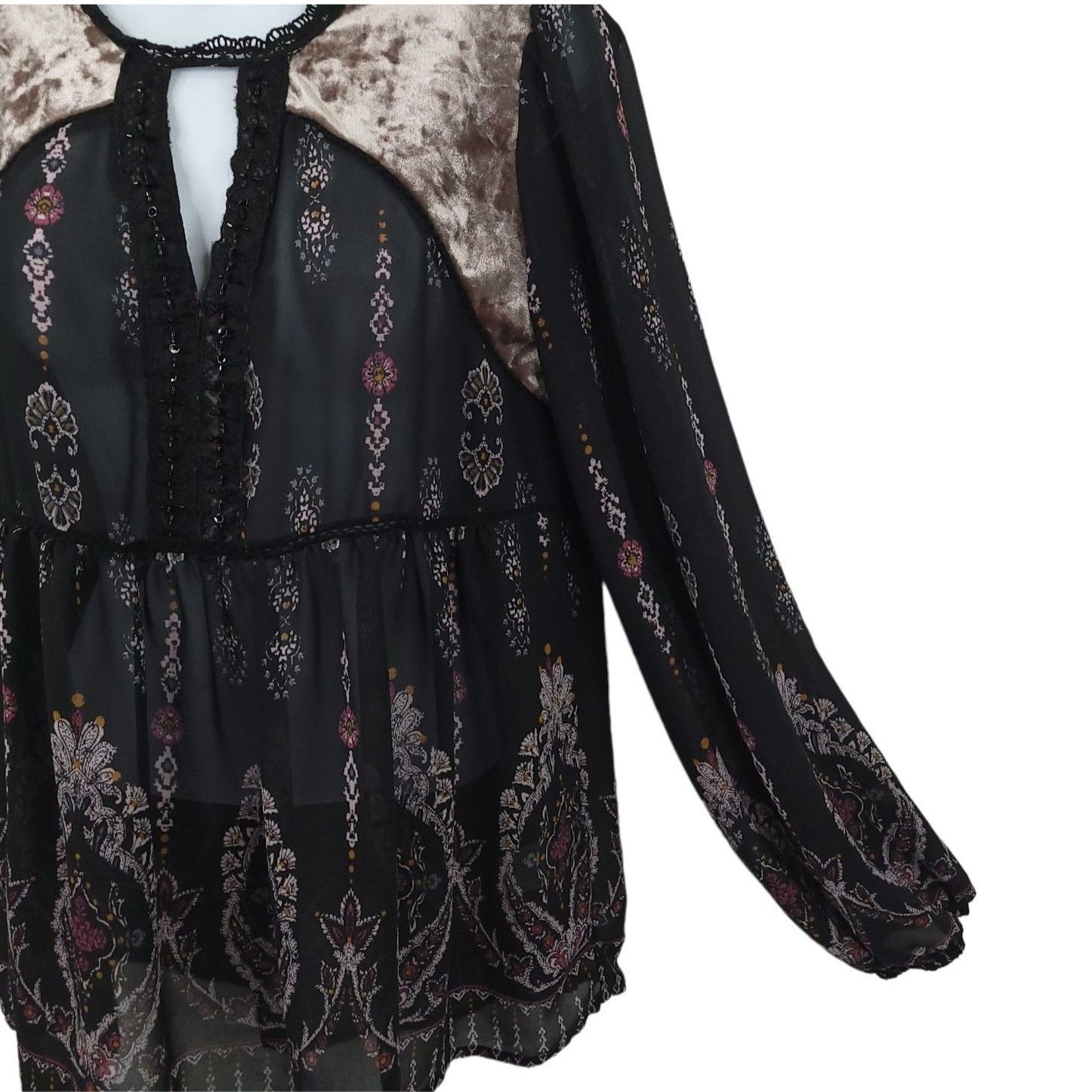 Other Knox Rose Boho Peasant Top M Black Floral Sheer Lace Velvet Size M / US 6-8 / IT 42-44 - 6 Thumbnail