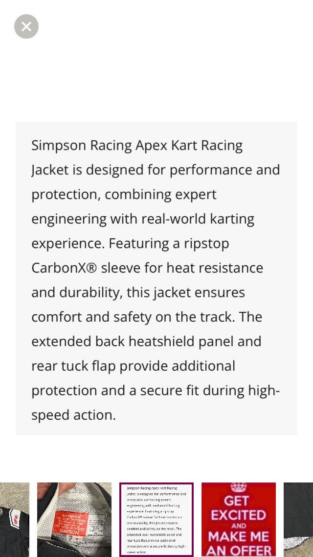 Other Simpson Racing Apex Kart Racing Jacket Small Size US S / EU 44-46 / 1 - 8 Thumbnail