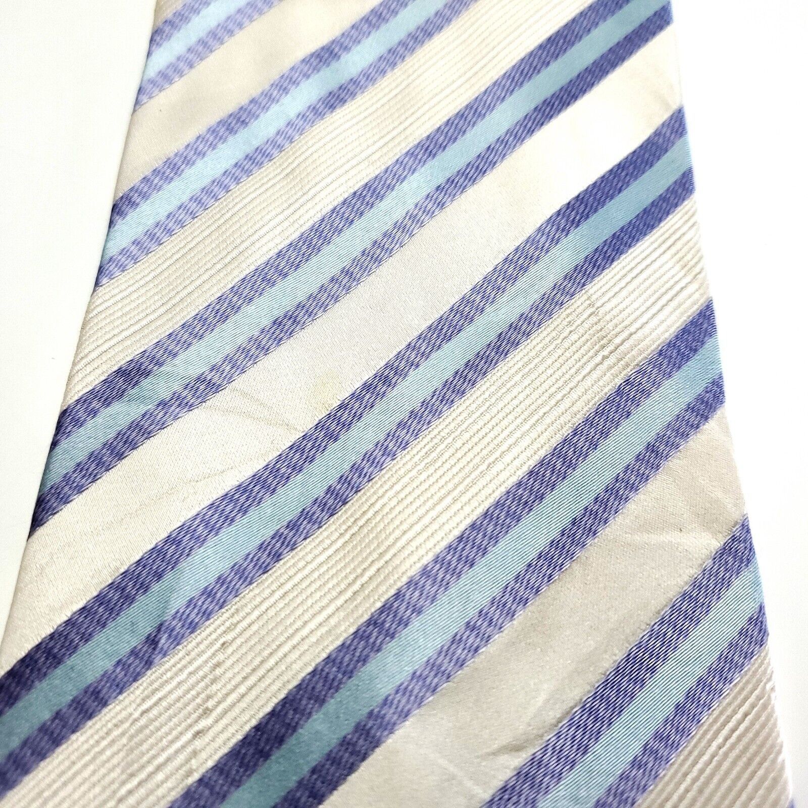 Designer Henry Jacobson Silk Tie Woven Cream Blue Striped Wide Size ONE SIZE - 2 Thumbnail
