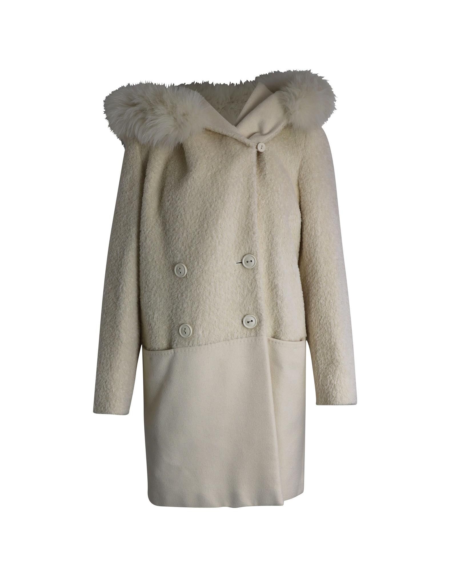 image of Max Mara Luxurious Double-Breasted Alpaca Blend Coat With Shearling Hood And Horn Buttons in White,