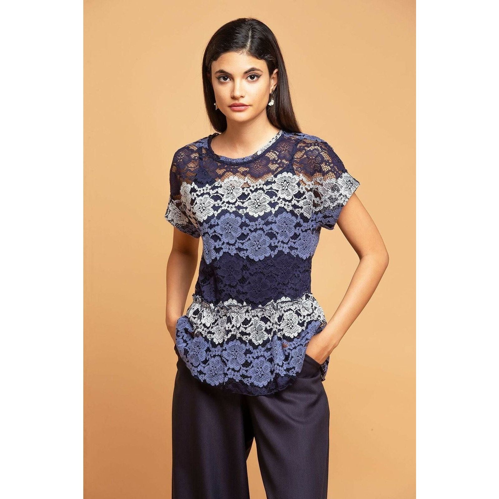Eva Franco Eva Franco Floral Lace Peplum Top Blue Striped Sheer Small Size S / US 4 / IT 40 - 8 Thumbnail