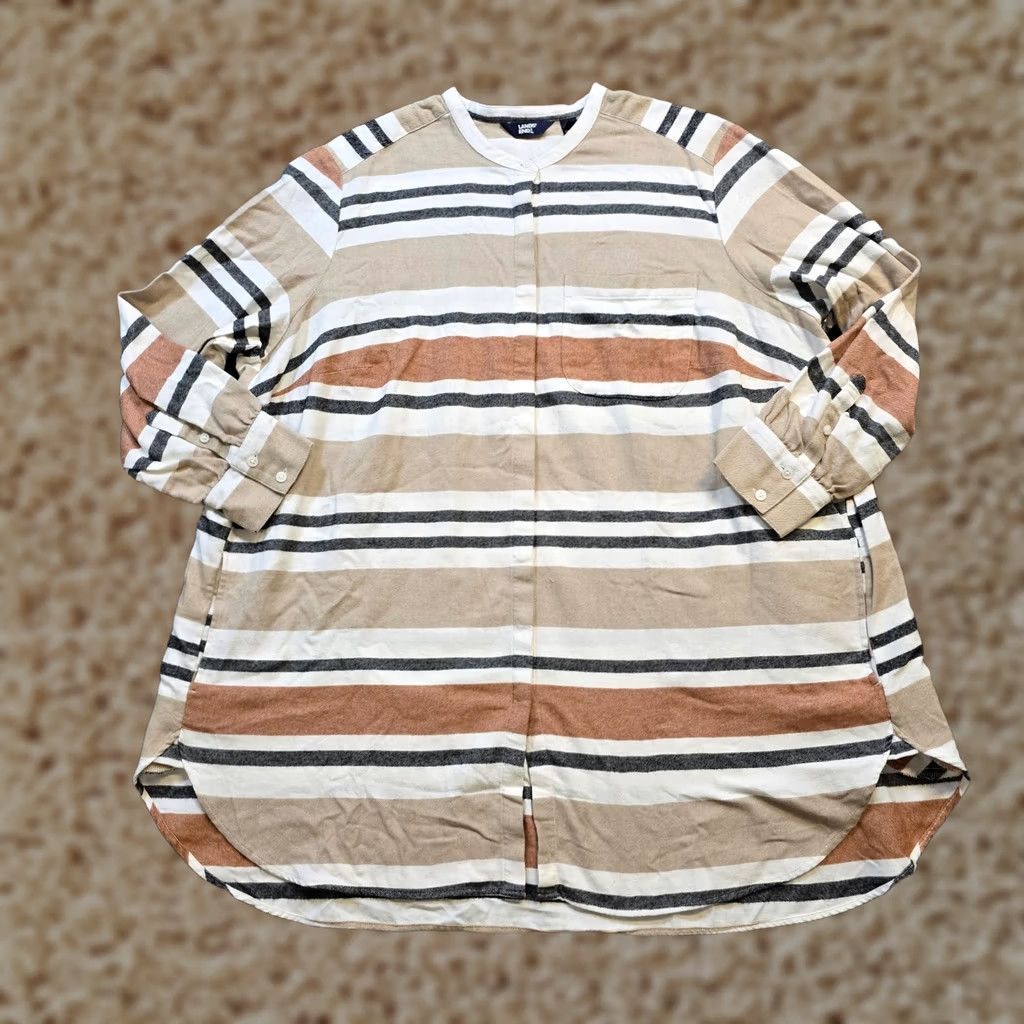 Lands' End Lands' End Dress Women Size 2X Beige Striped Flannel Button Up Long Sleeve Casual Size XXL / US 16-18 / IT 52-54 - 1 Thumbnail