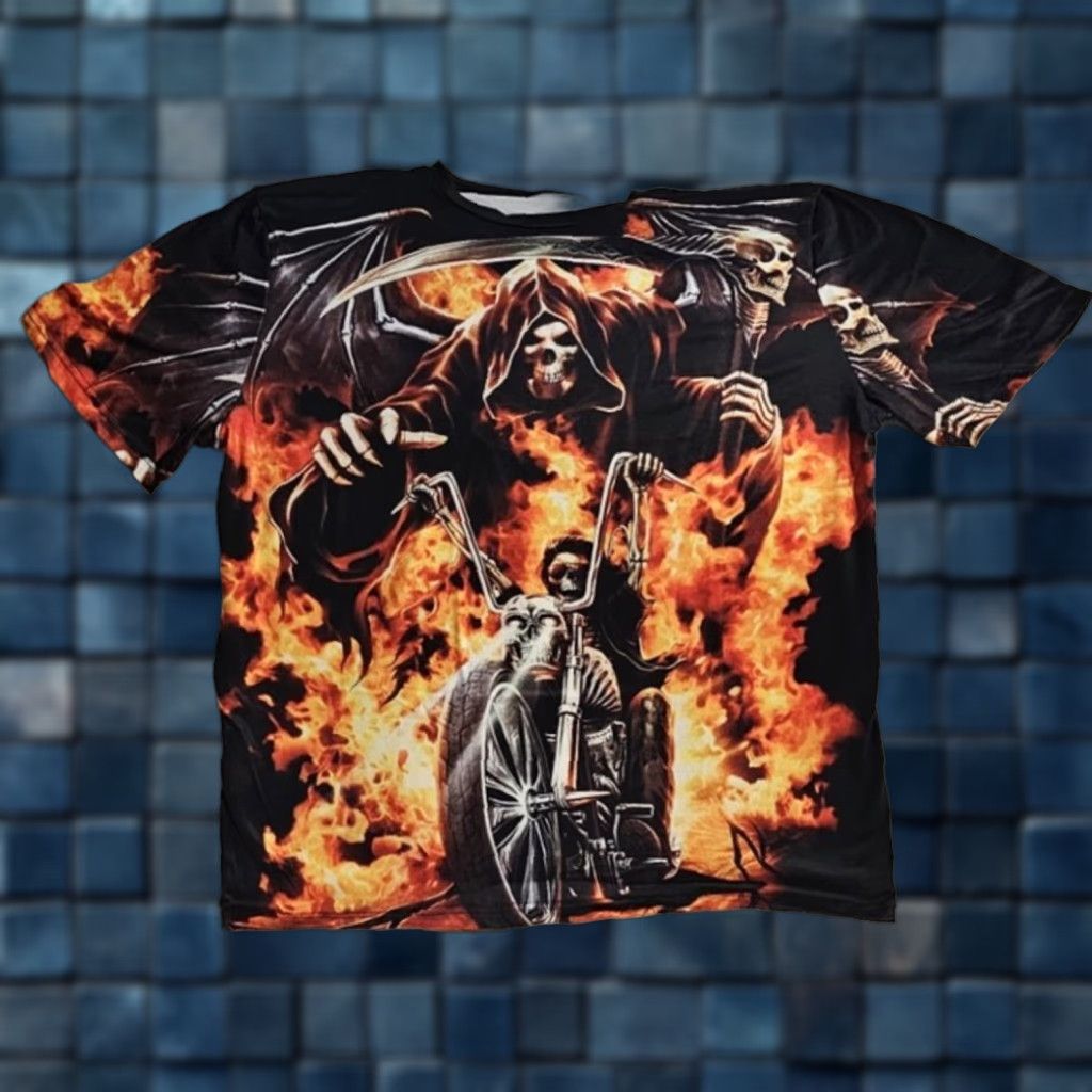 Vintage GRIM REAPER SCYTHE MOTORCYCLE BIKER FIRE FLAMES SKULL T-SHIRT Size US L / EU 52-54 / 3 - 1 Thumbnail