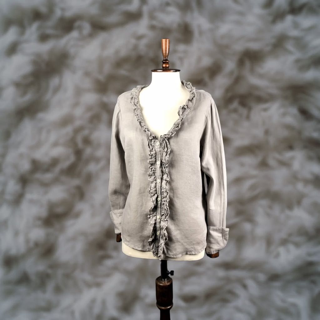 120% Lino 120% Lino Women's Blouse Shirt Gray Linen V-Neck 46 Ruffle Front Long Sleeve Casual Regular Fit, 100% Linen, Italy Brand: 120% Lino Size L / US 10 / IT 46 - 1 Thumbnail