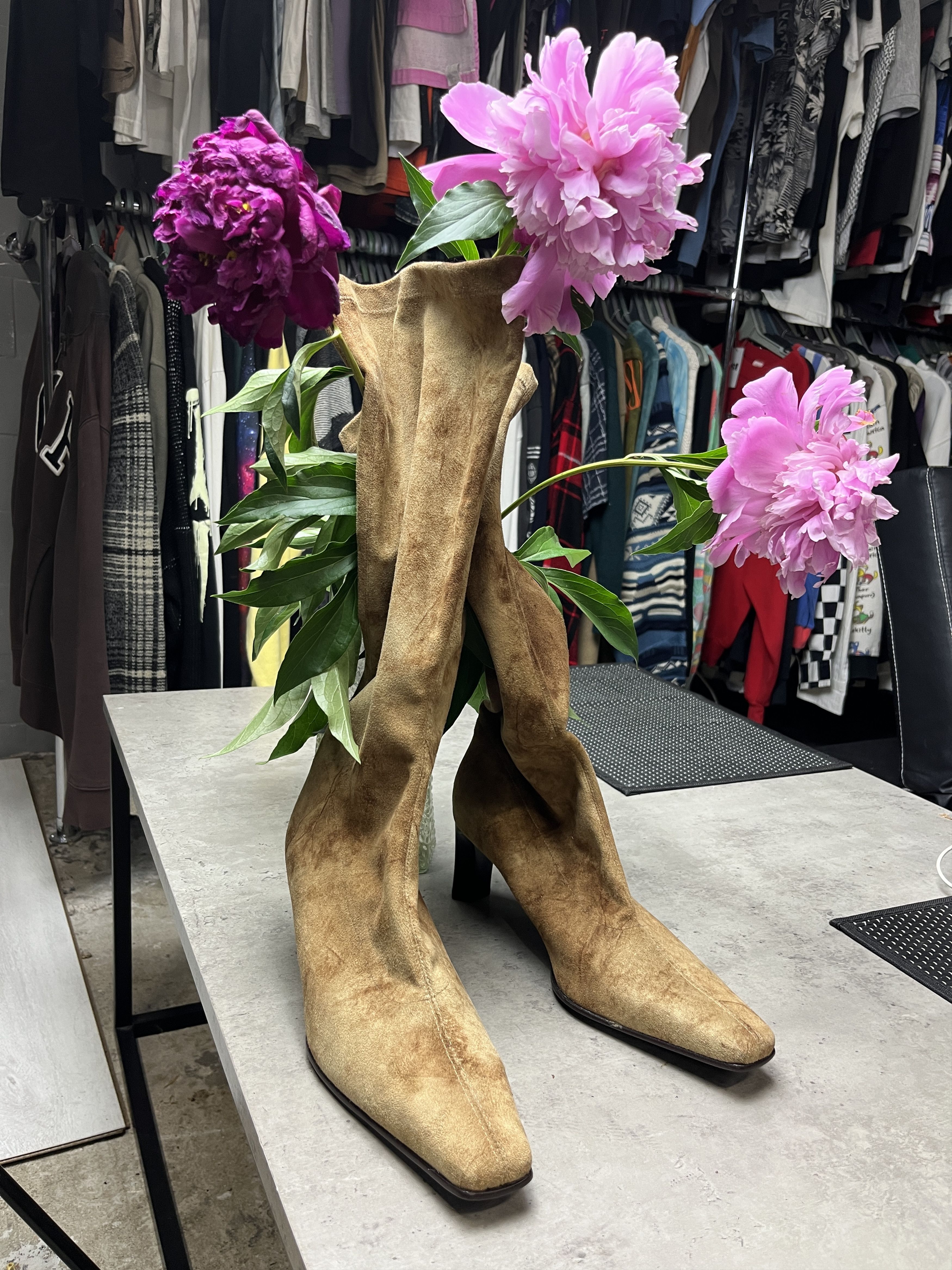 Other 1990s SUEDE SQUARE TOE TALL KITTEN HEEL BOOTS - 5148 Size US 7.5 / IT 37.5 - 6 Thumbnail
