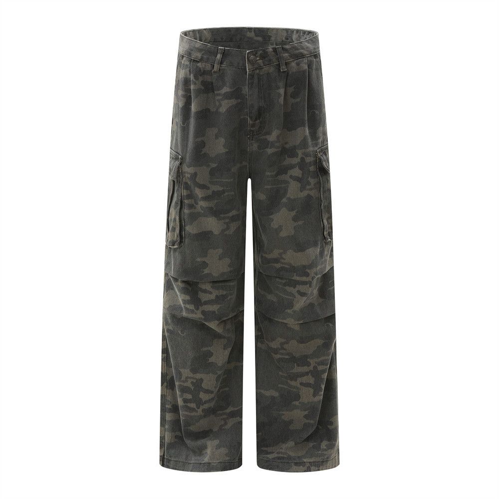 American street washed distressed camouflage cargo trousers