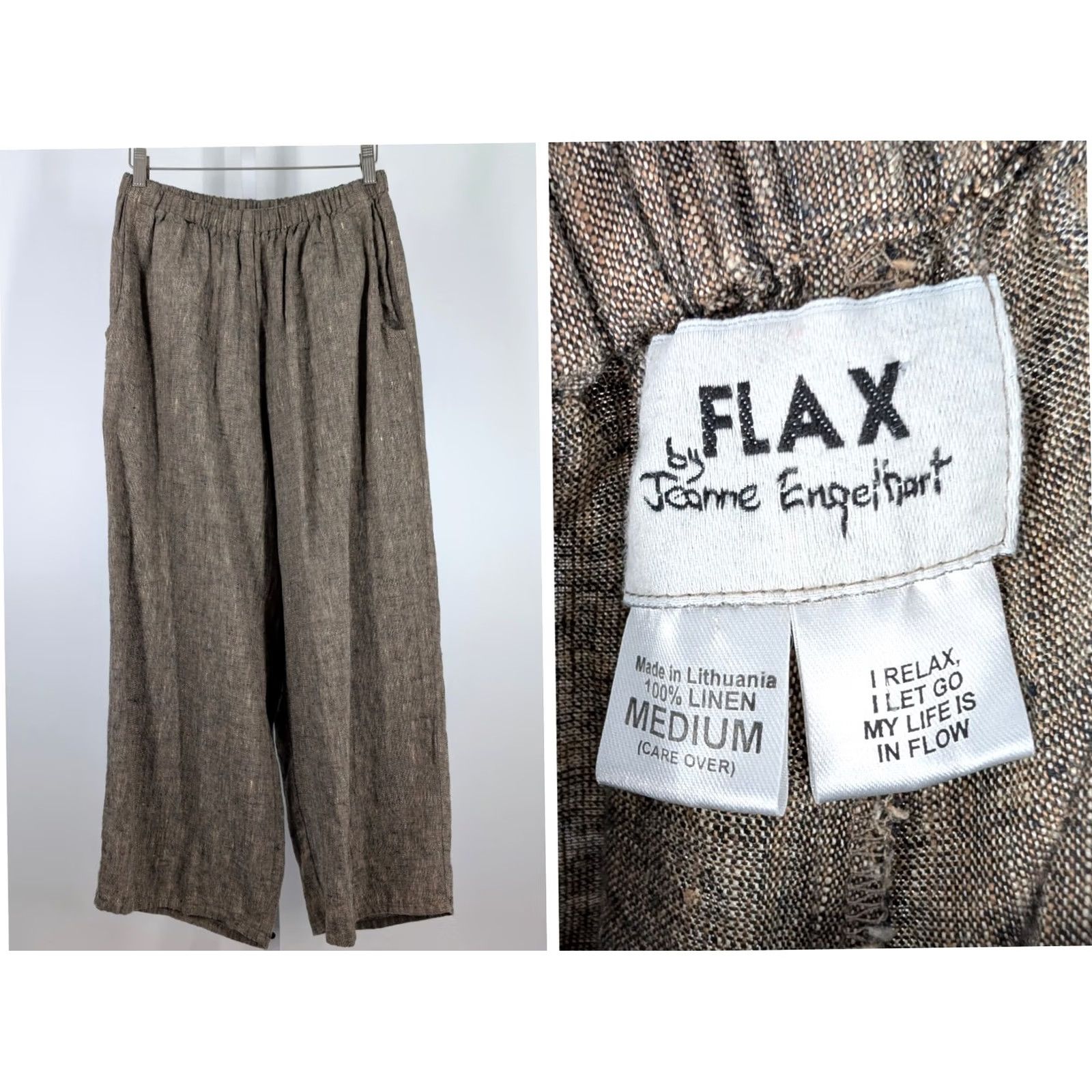 FLAX VINTAGE FLAX Pants Women Boho Linen Wide-Leg Elastic Waist 27" M Brown 90s Festival Hipster Beach Travel Workwear Comb Through 24" Inseam Size 27" / US 4 / IT 40 - 2 Thumbnail