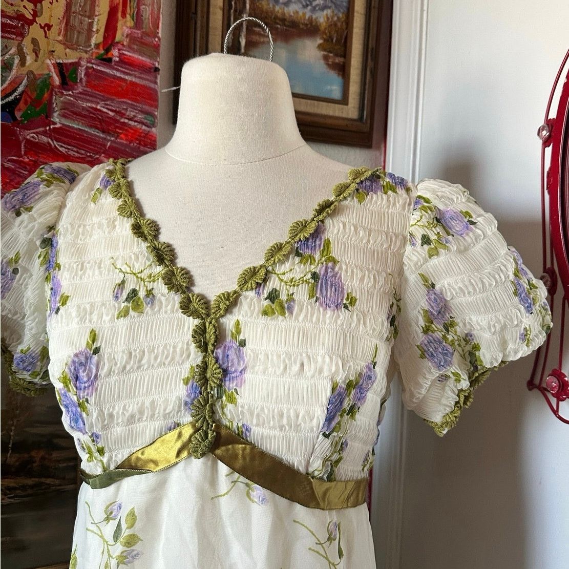 Handmade handmade cream purple green floral formal maxi dress Size S / US 4 / IT 40 - 2 Thumbnail