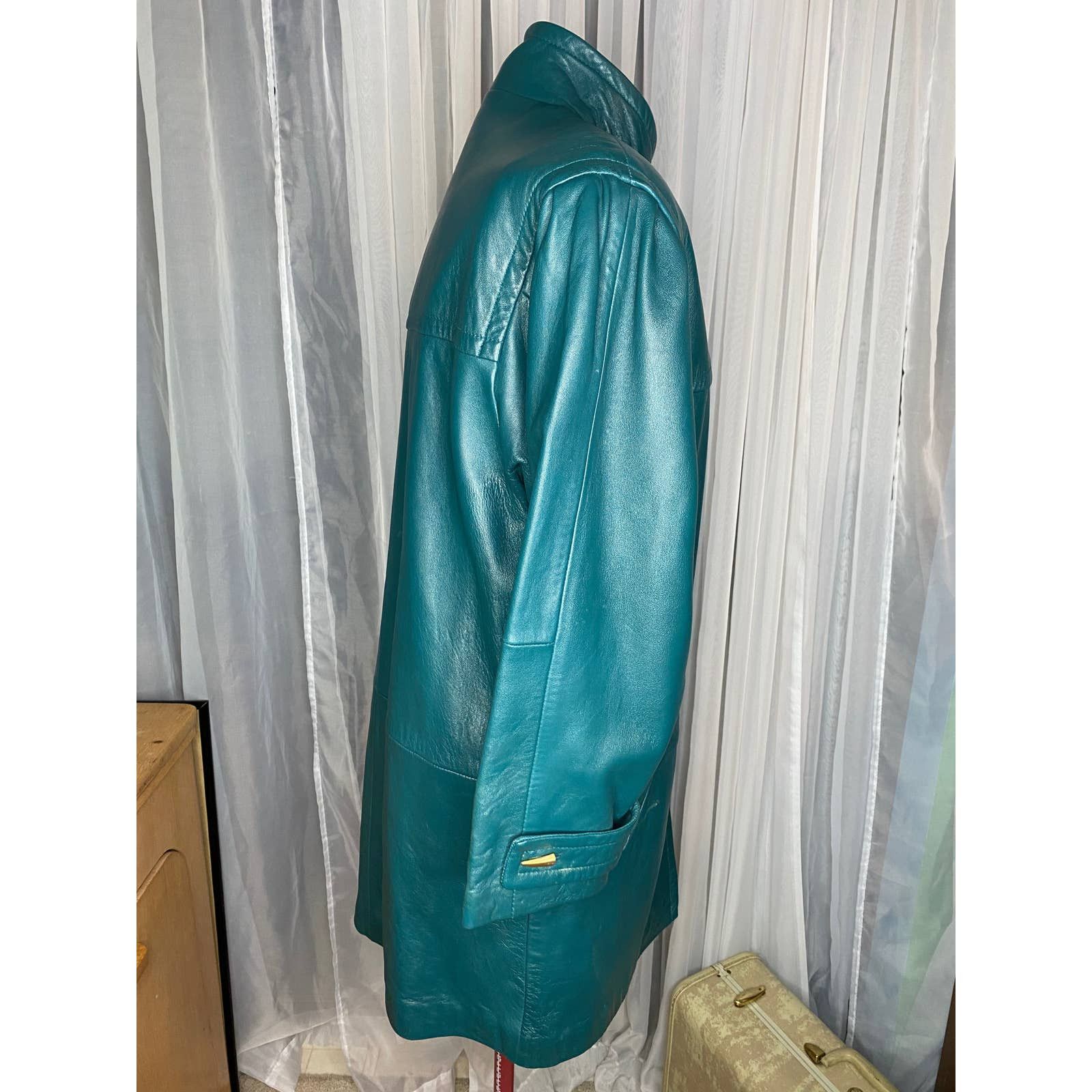Vintage leather Jacket coat Jaqueline Ferrar teal green blue gold Size US M / EU 48-50 / 2 - 8 Thumbnail