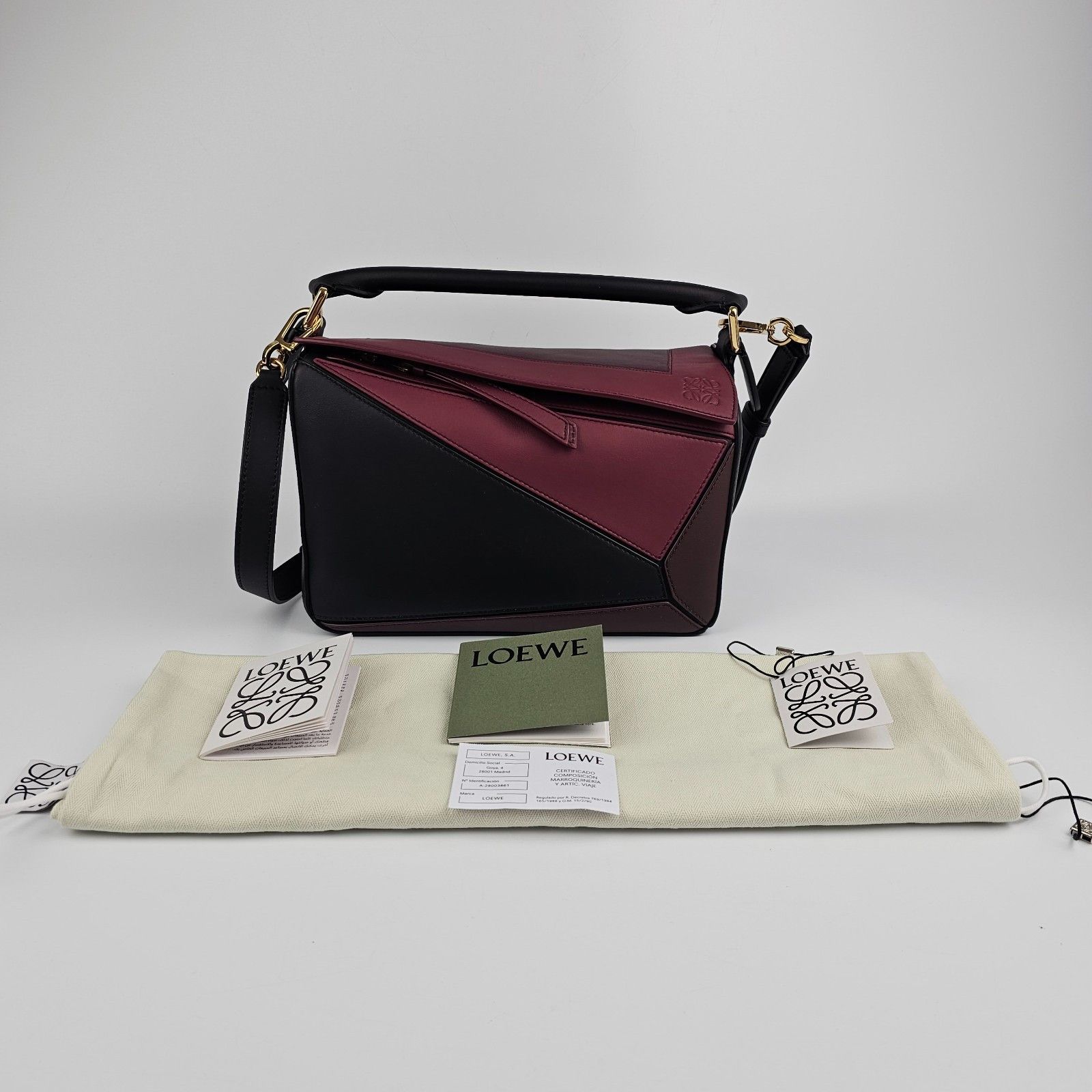 LOEWE Puzzle Small $4450 Black/Burgundy Leather Top Handle B