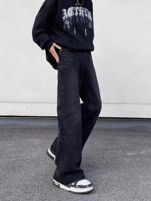 Jean High Street Vintage Washed Spliced Micro Flare Jeans Size US 34 / EU 50 - 4 Thumbnail