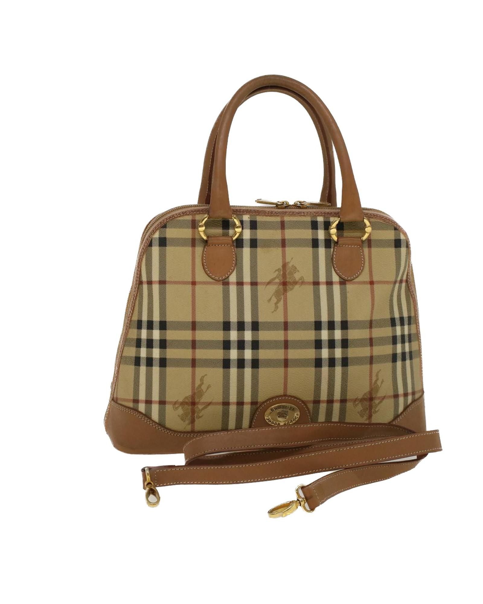 image of Burberry Checkered Pvc Leather Hand Bag With Shoulder Strap - Italy-Made in Beige, Women's