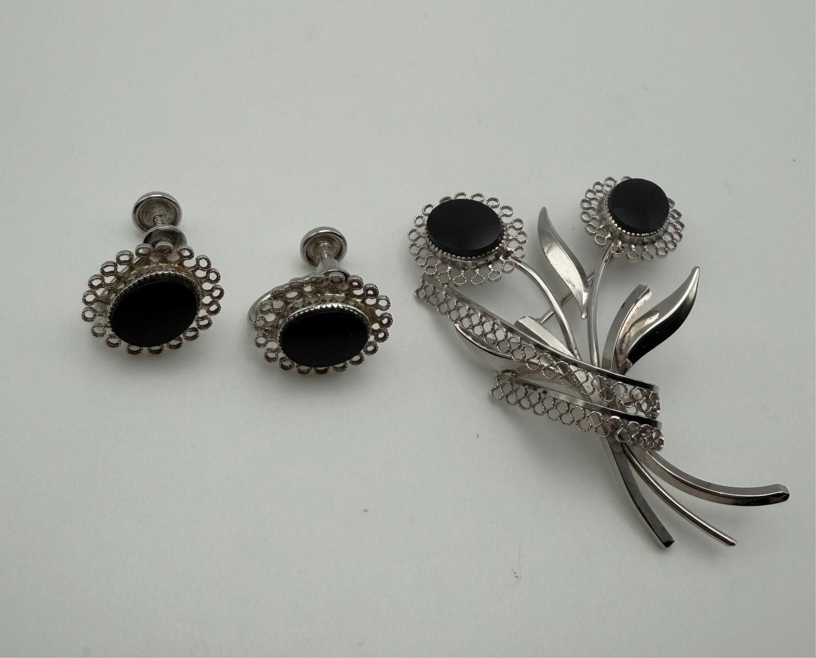 Other Star Art 925 Silver Black Onyx Brooch & Screwback Earrings Size ONE SIZE - 1 Thumbnail