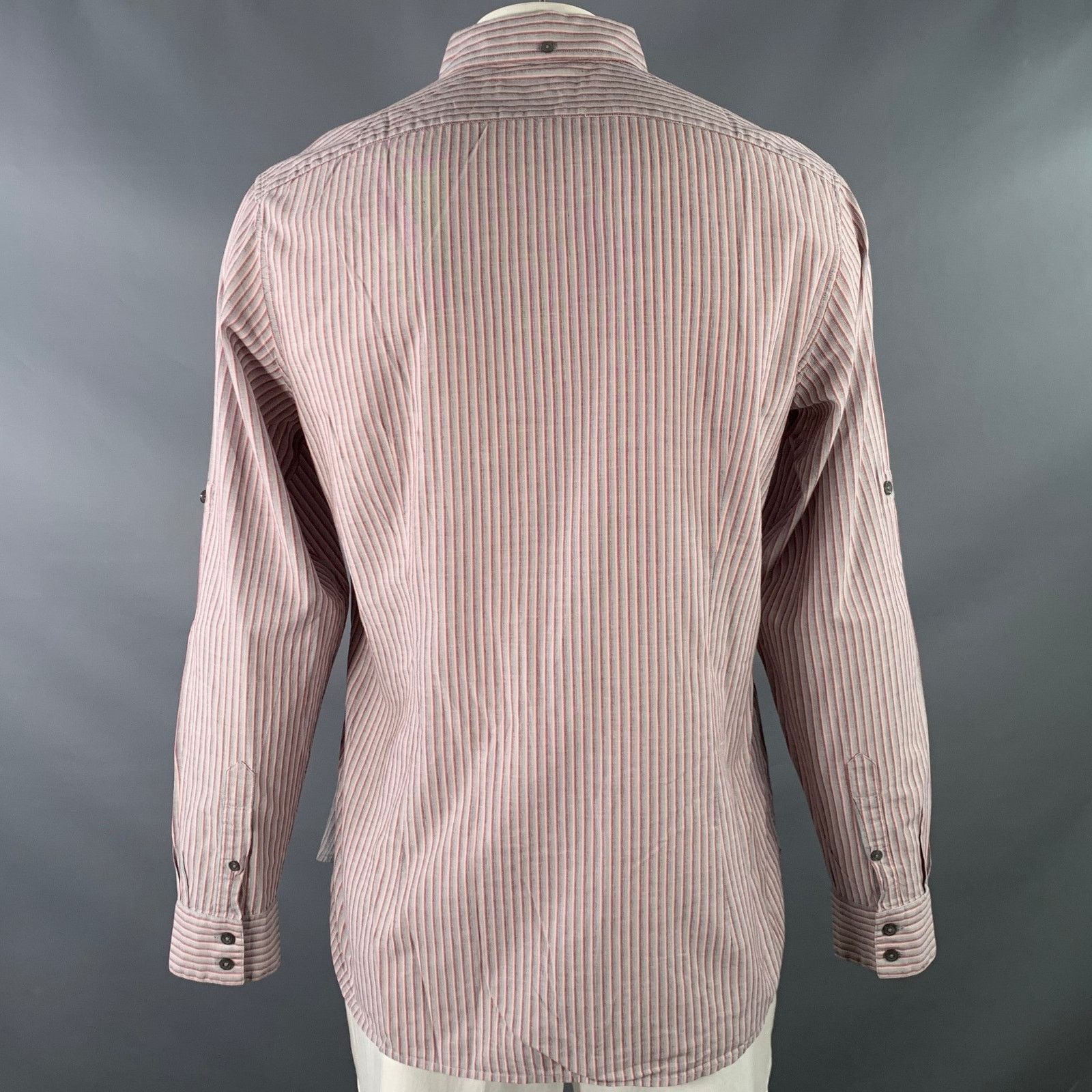 Size L Grey Pink Stripe Cotton Roll Tab Long Sleeve Shirt