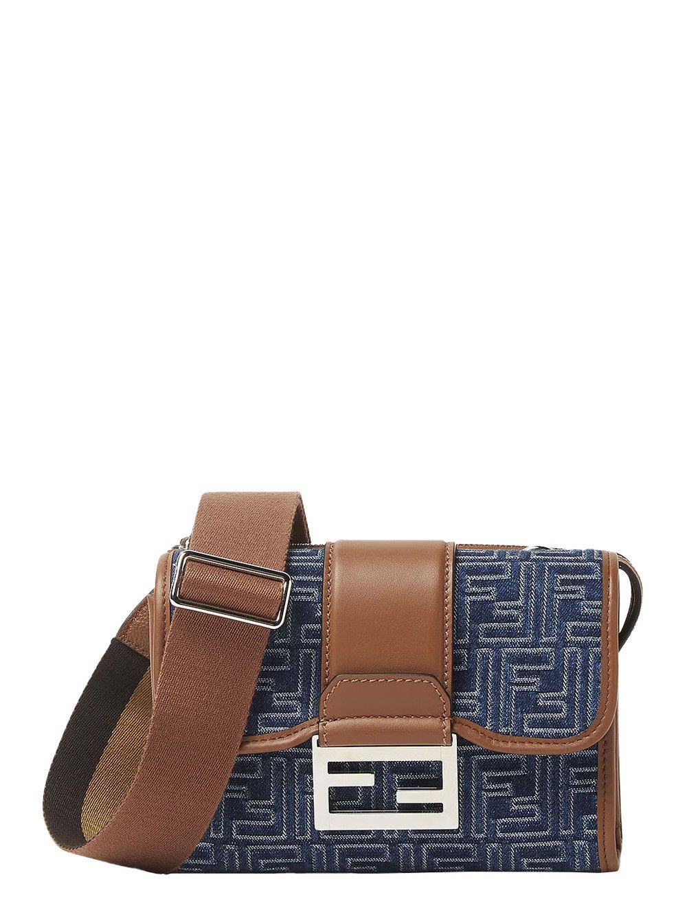 Fendi 'Baguette Double' Blue Crossbody Bag With Magnetic FF Closure And All-Over Motif In Blue Cotton Man Size ONE SIZE - 1 Thumbnail