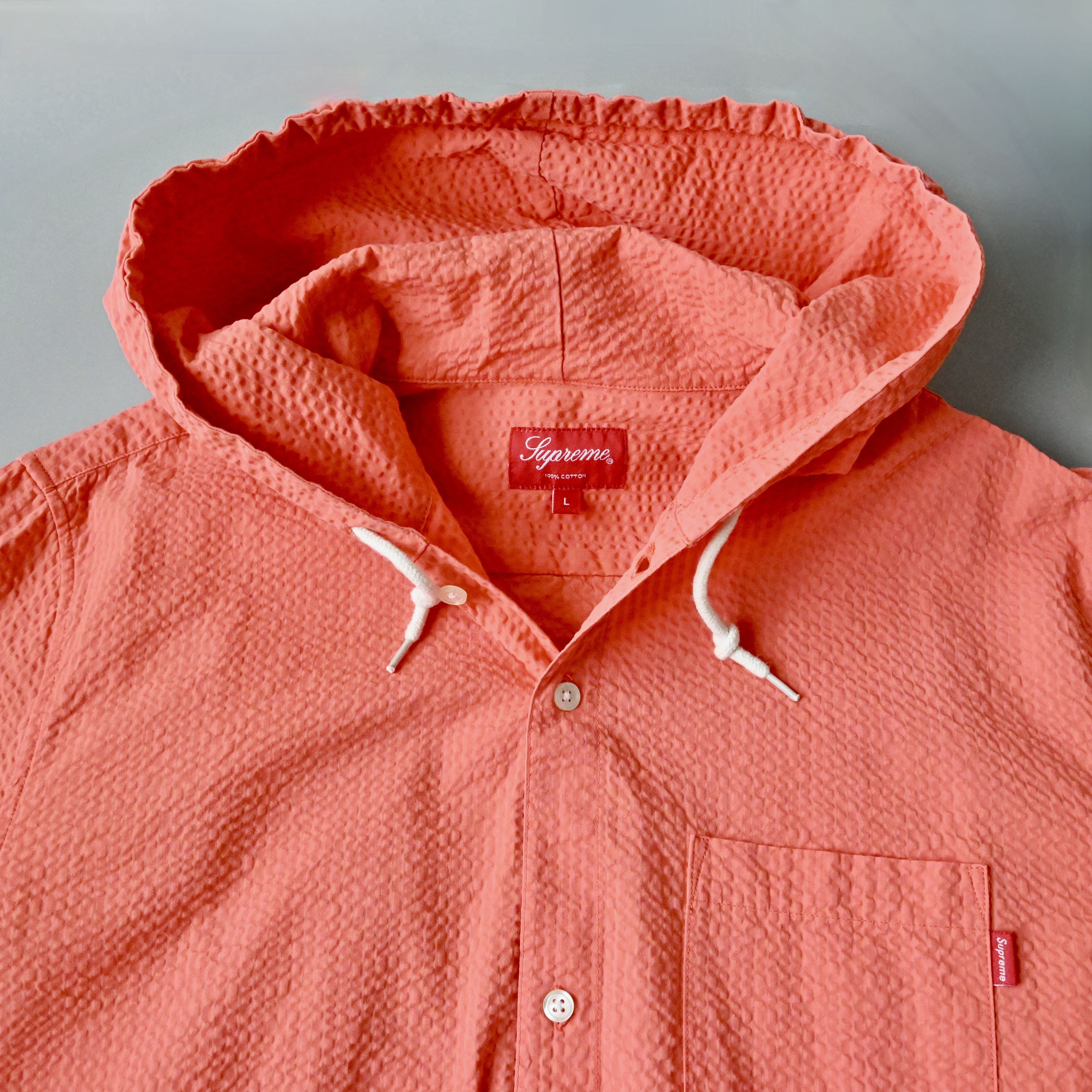 Supreme 15 S/S Supreme seersucker cotton hooded shirt peach L Size US L / EU 52-54 / 3 - 5 Thumbnail