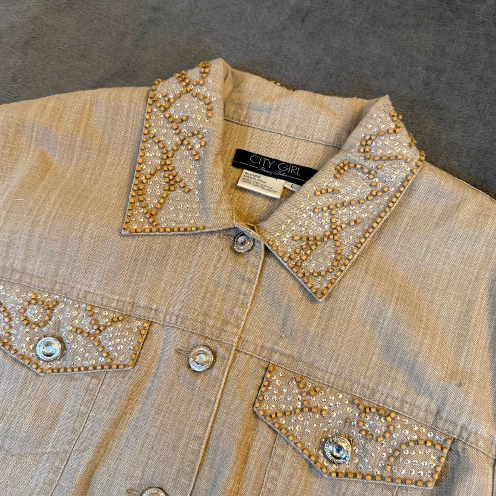 Vintage VINTAGE City Girl Nancy Bolen Tan Beaded Denim Jacket and Pants Set Womens Size Large Size 36" / US 14 / IT 50 - 3 Thumbnail