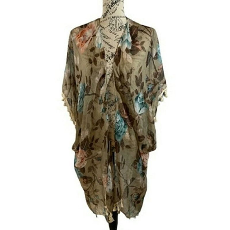 Other Riah Fashion LA Floral Kimono Wrap Boho Shawl Tassels Sheer Size ONE SIZE - 1 Thumbnail