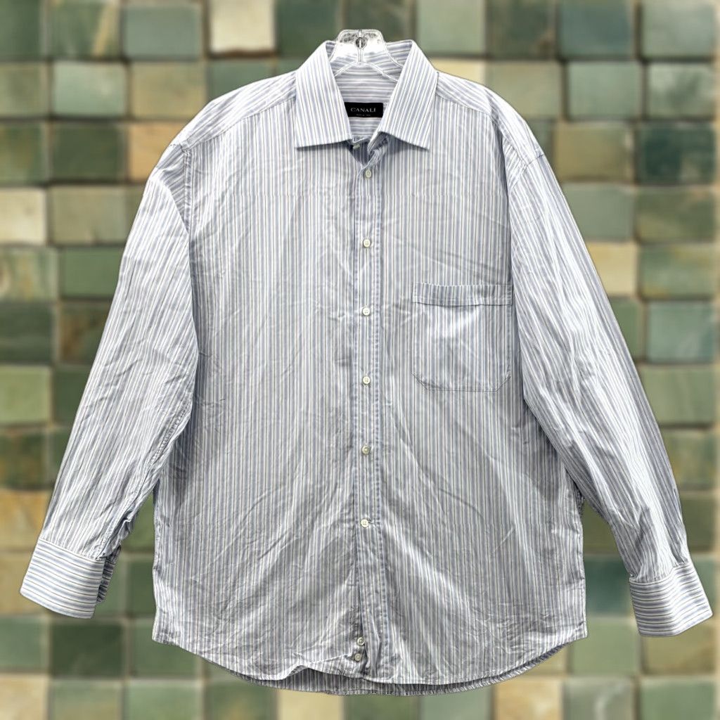 Canali Canali Dress Shirt Blue Striped 42/16.5 ShirtMens Classic Button-Down Collared 90s Preppy Made in Italy Size 46R - 1 Thumbnail