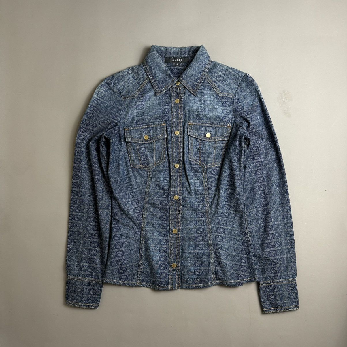 image of Gucci Vintage Denim Long Sleeve Polo Monogram in Blue, Men's (Size Small)