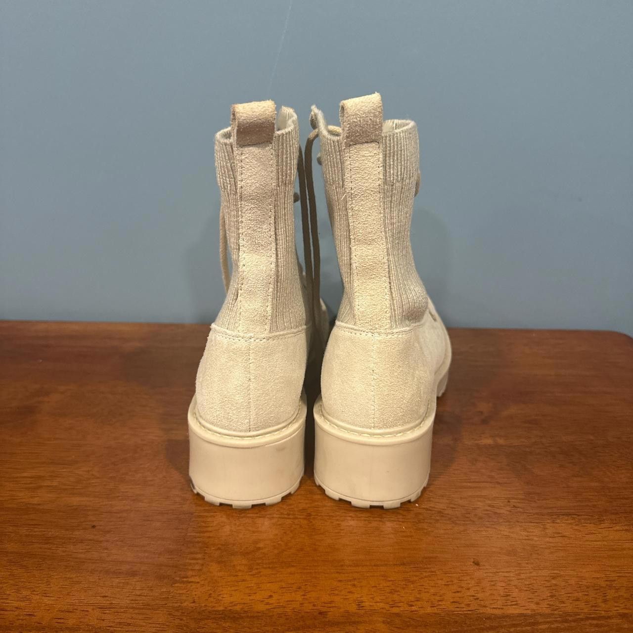 Designer Stylish Chunky Ankle Boots - Cream Suede with Ribbed Detail Size US 8 / IT 38 - 2 Thumbnail
