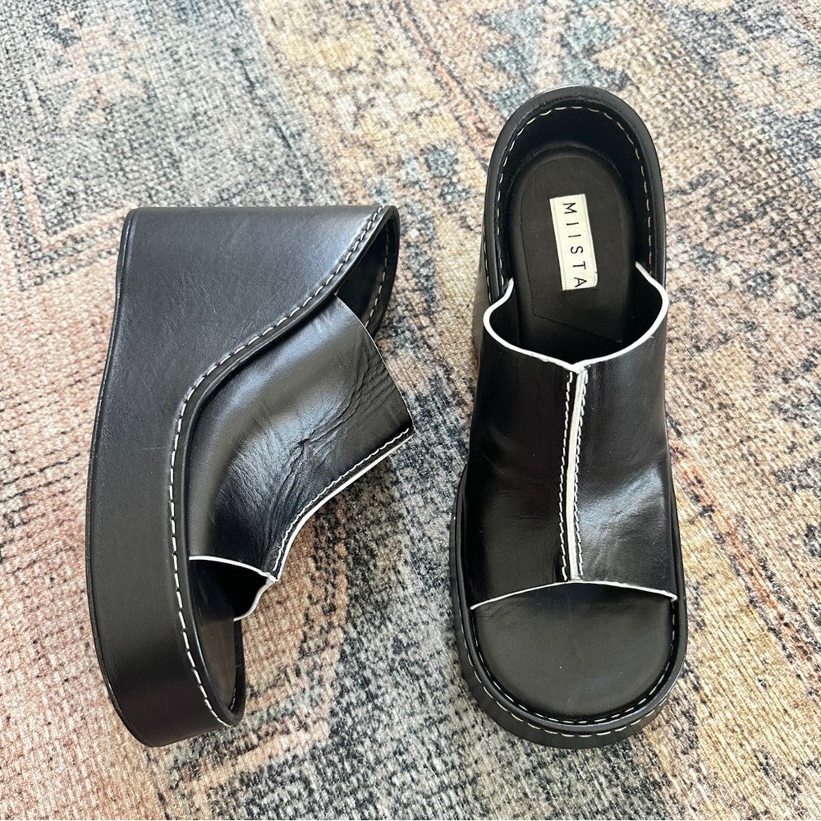 image of Miista Black Leather Wedge Sandals Size 38, Women's