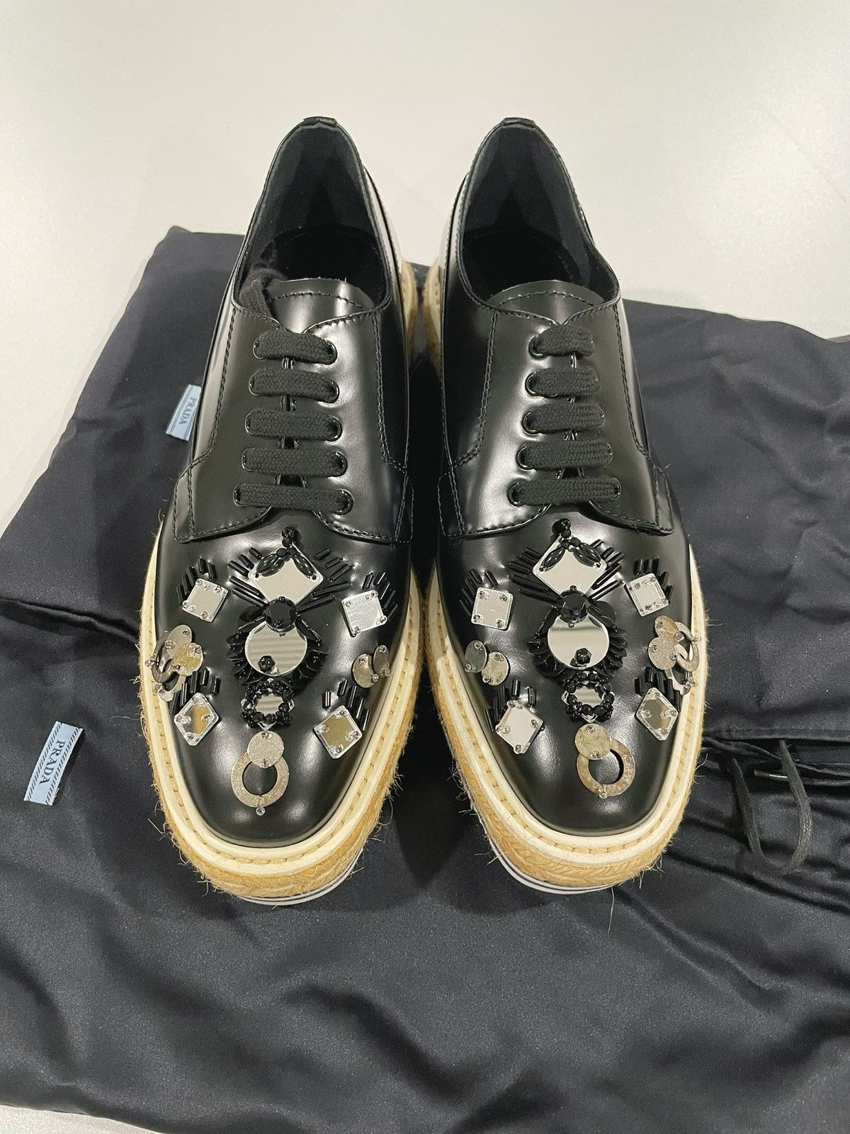 Prada PRADA Black Leather Applique Platform Laces Size US 7.5 / IT 37.5 - 5 Thumbnail