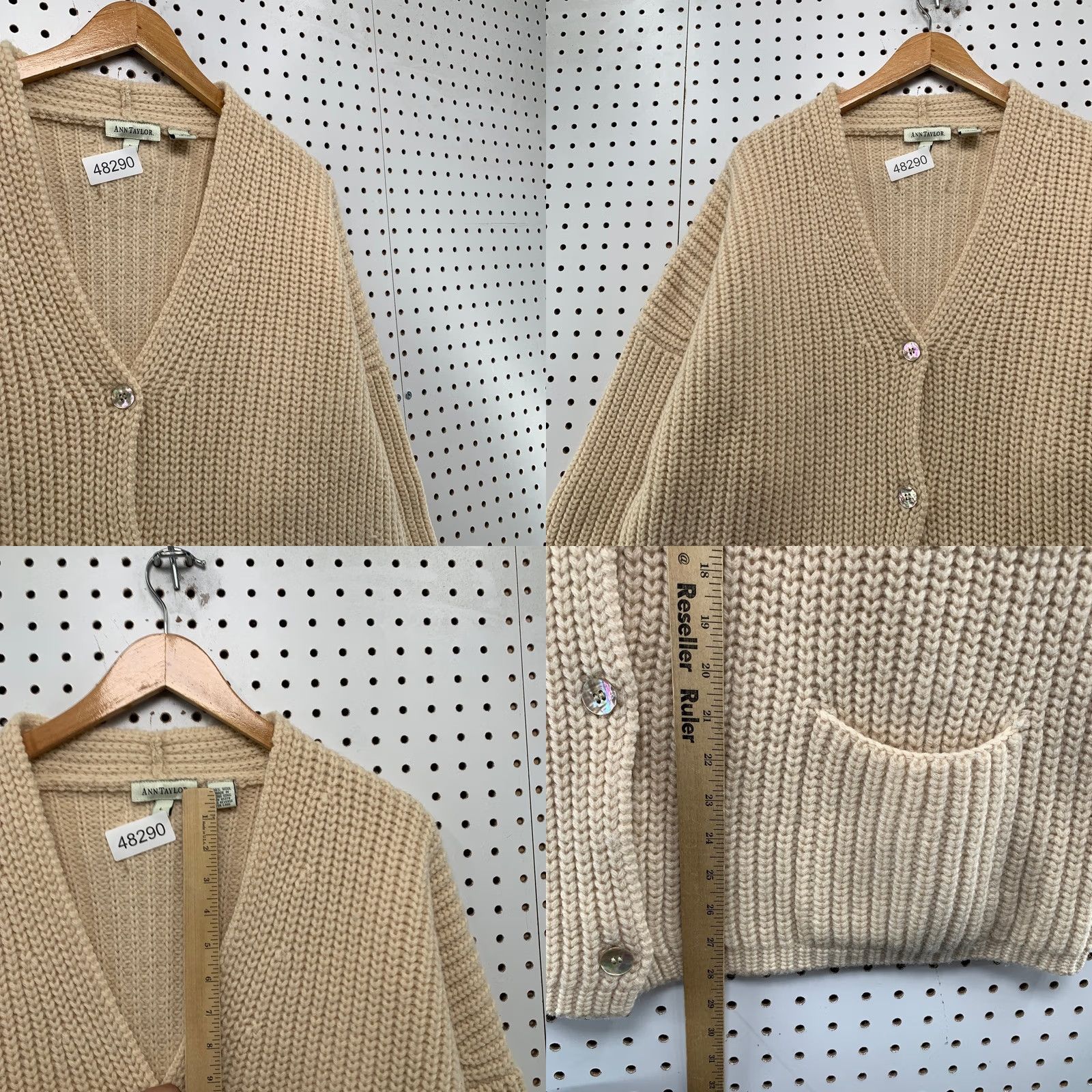 Ann Taylor VINTAGE Ann Taylor Wool Cardigan Sweater Womens Large Beige Chunky Rib Knit Oversized Size L / US 10 / IT 46 - 8 Thumbnail