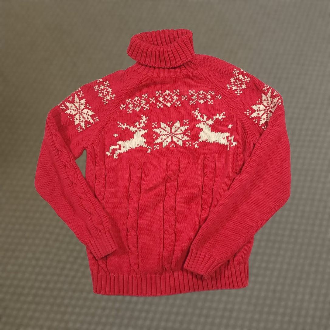 Lands' End VINTAGE Lands' End Christmas Sweater Fair Isle Cable-knit Turtleneck Reindeer Large Womens Sweater Size L / US 10 / IT 46 - 1 Thumbnail