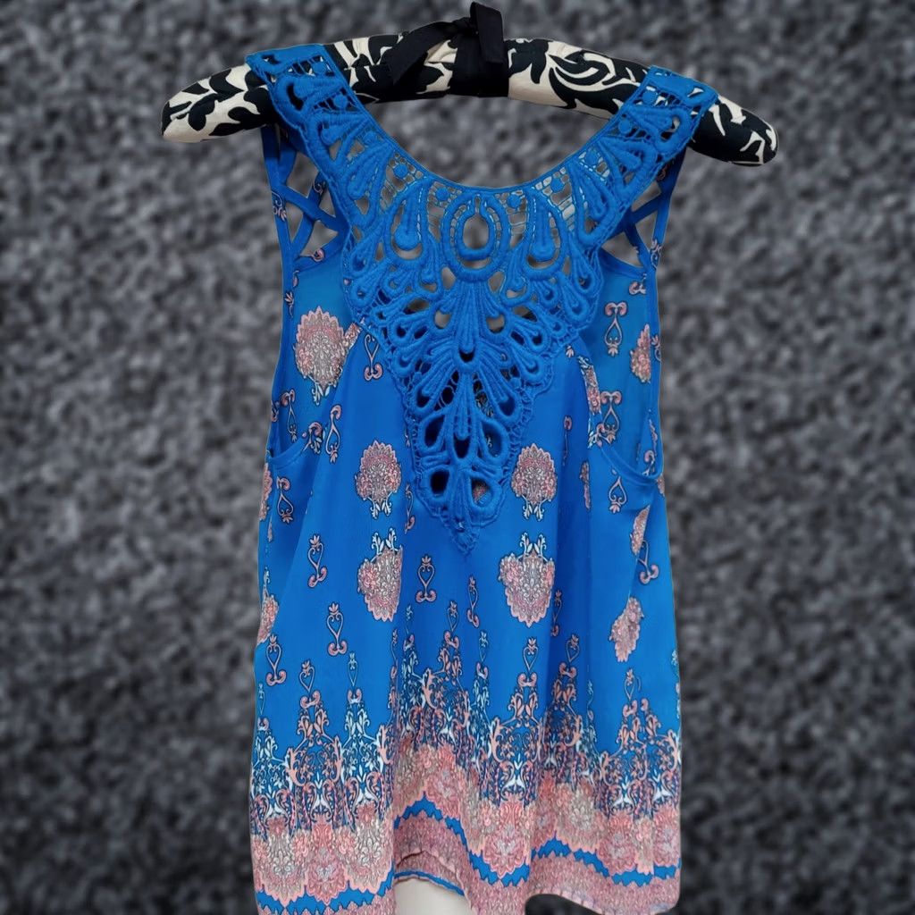 Vintage MINE Womens Embroidered Lace Back Boho Tank Top Paisley Floral Blue Size Small Size S / US 4 / IT 40 - 1 Thumbnail