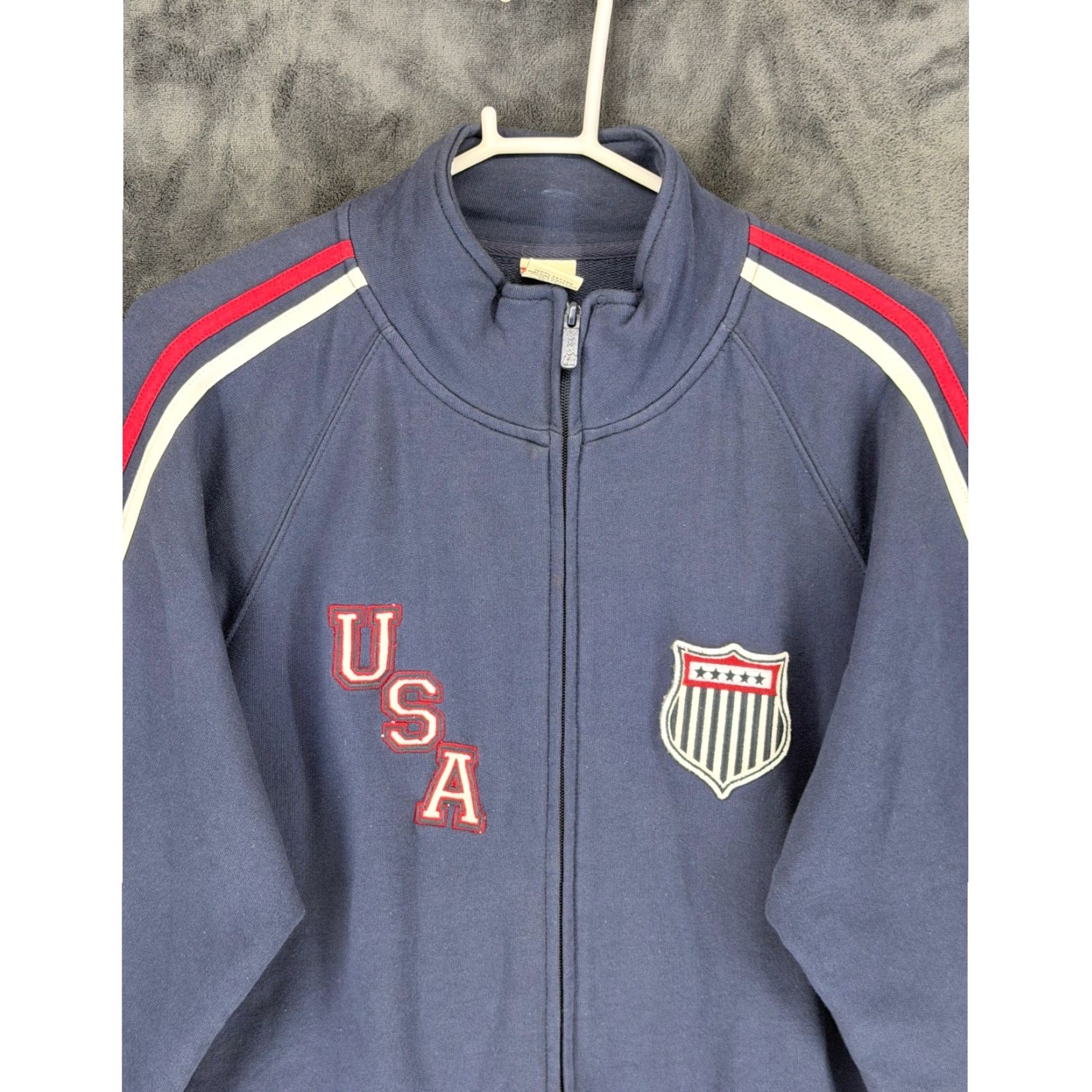 Vintage Roma Atletica USA Track Jacket Big & Tall XXL Navy Blue Full Zip Cotton Sweatshirt Mens Jacket Medium Length Striped Racing USA Embroidered Patch Size US XXL / EU 58 / 5 - 2 Thumbnail