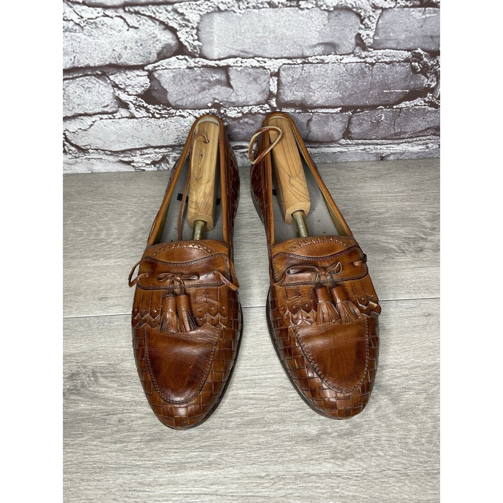 Johnston & Murphy Johnston & Murphy Brown Leather Woven Kiltie Tassel Loafers Size US 12 / EU 45 - 2 Thumbnail