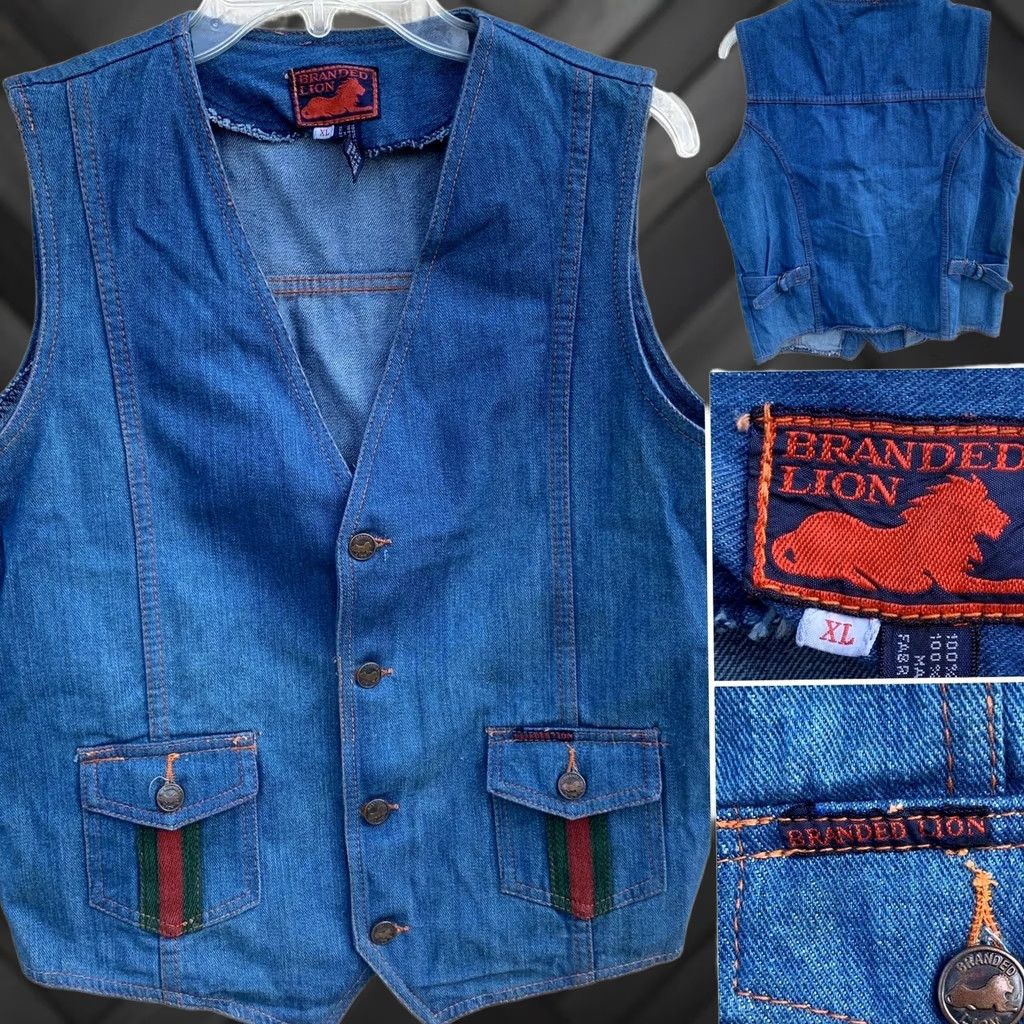 Denime VINTAGE Branded Lion Denim Vest Hippy Western 1970s Striped Pockets XL Blue Size US XL / EU 56 / 4 - 1 Thumbnail