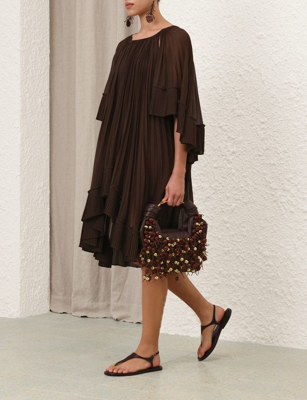 oc11z0226 Illuminate Pleated Cape Mini Dress Chocolate Brown