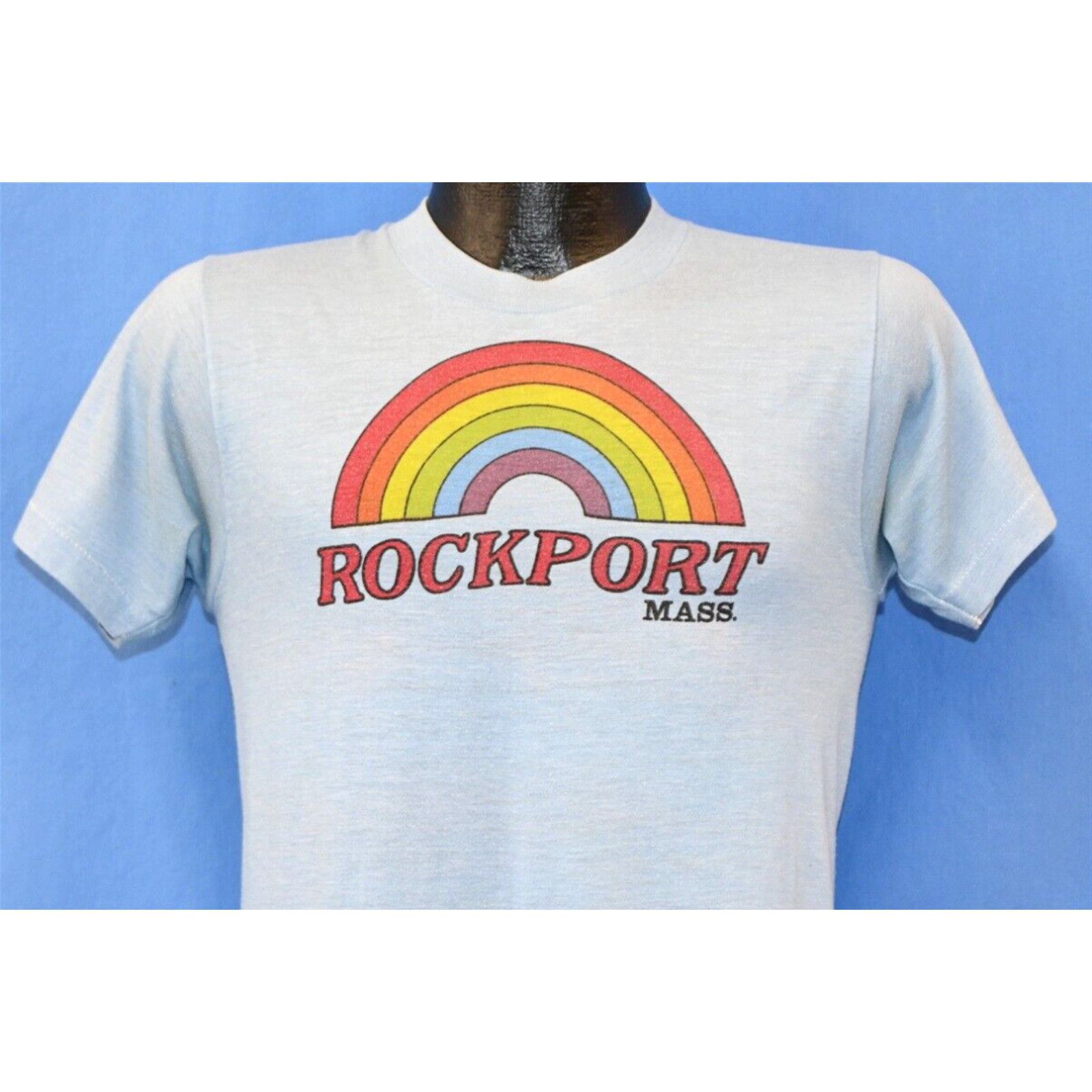 image of Vintage 70's Rockport Massachusetts Coastal Town New England Rainbow T-Shirt S in White (Size Small